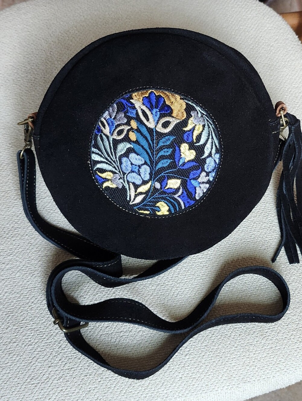 NWOT Round Black Suede Embroidered Crossbody Bag